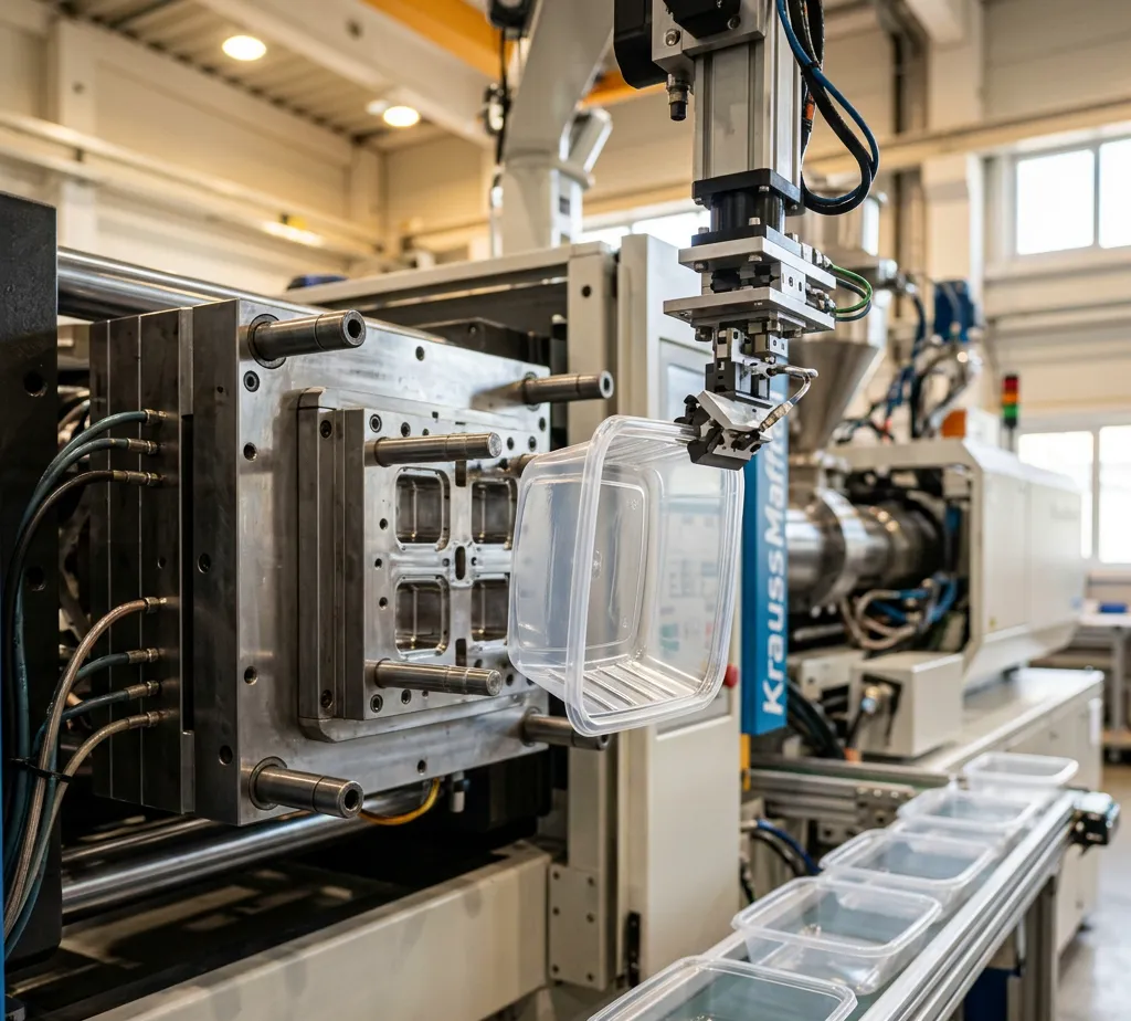Thin-wall injection molding production line at AXAL Packing factory in Karankadu, Kanniyakumari, Tamil Nadu